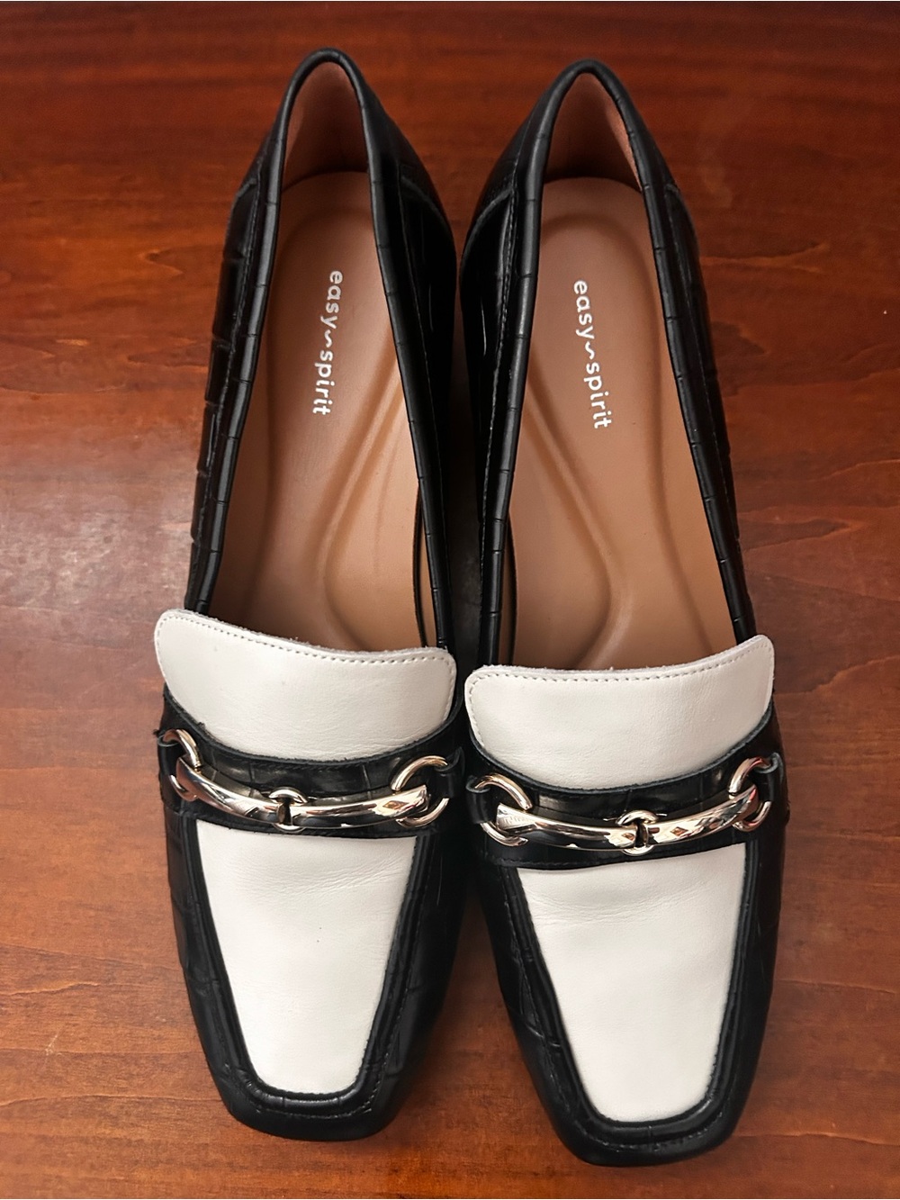 Easy Spirit Leather Darby Two-Tone Black and Cream Women’s Horsebit Loafers 8.5 - Picture 3 of 16